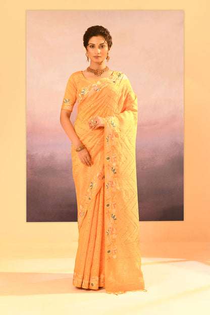 Bright Yellow Foil Printed Dupion Silk Saree