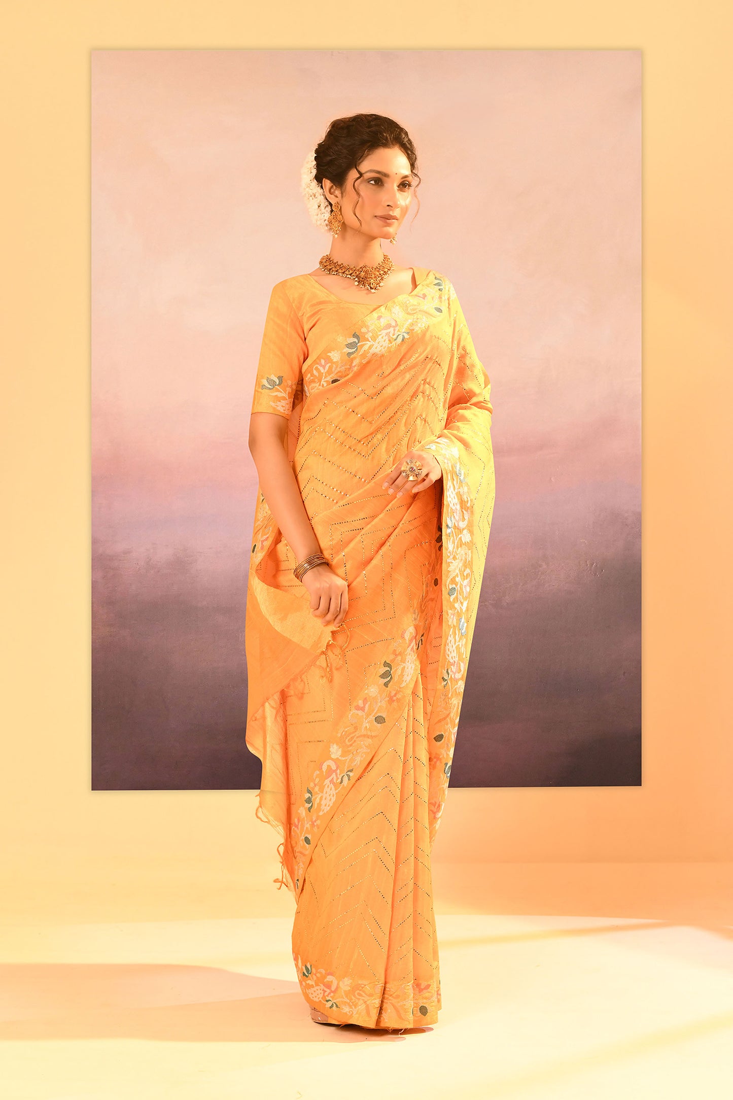 Bright Yellow Foil Printed Dupion Silk Saree