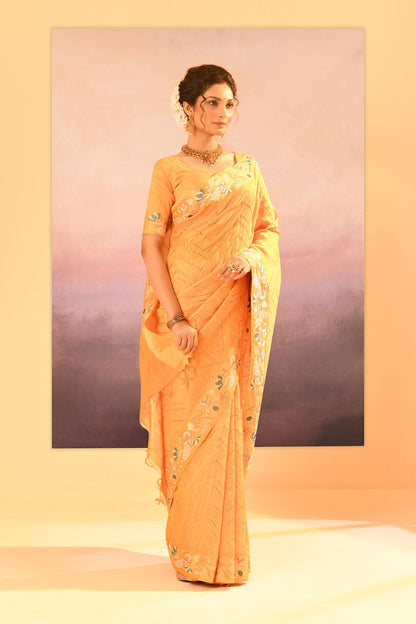 Bright Yellow Foil Printed Dupion Silk Saree