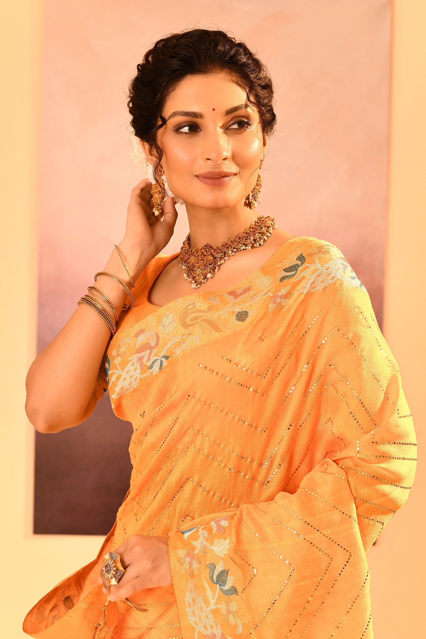 Bright Yellow Foil Printed Dupion Silk Saree
