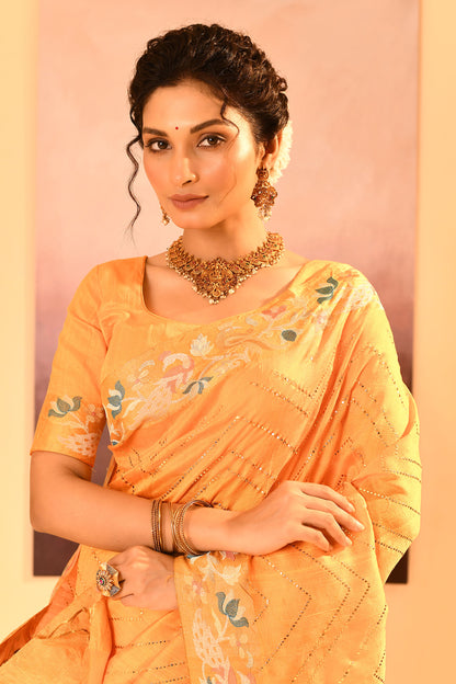 Bright Yellow Foil Printed Dupion Silk Saree