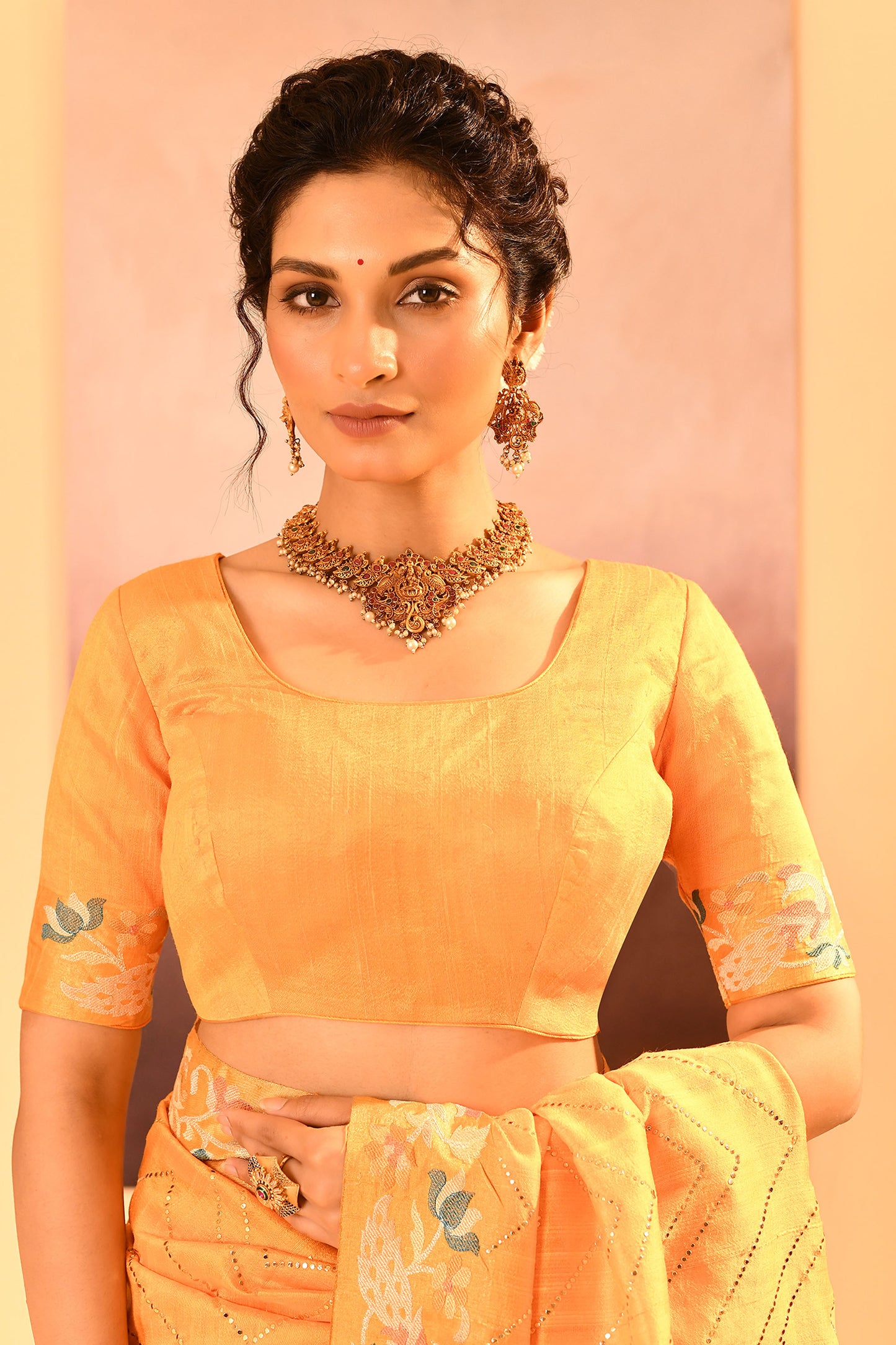 Bright Yellow Foil Printed Dupion Silk Saree