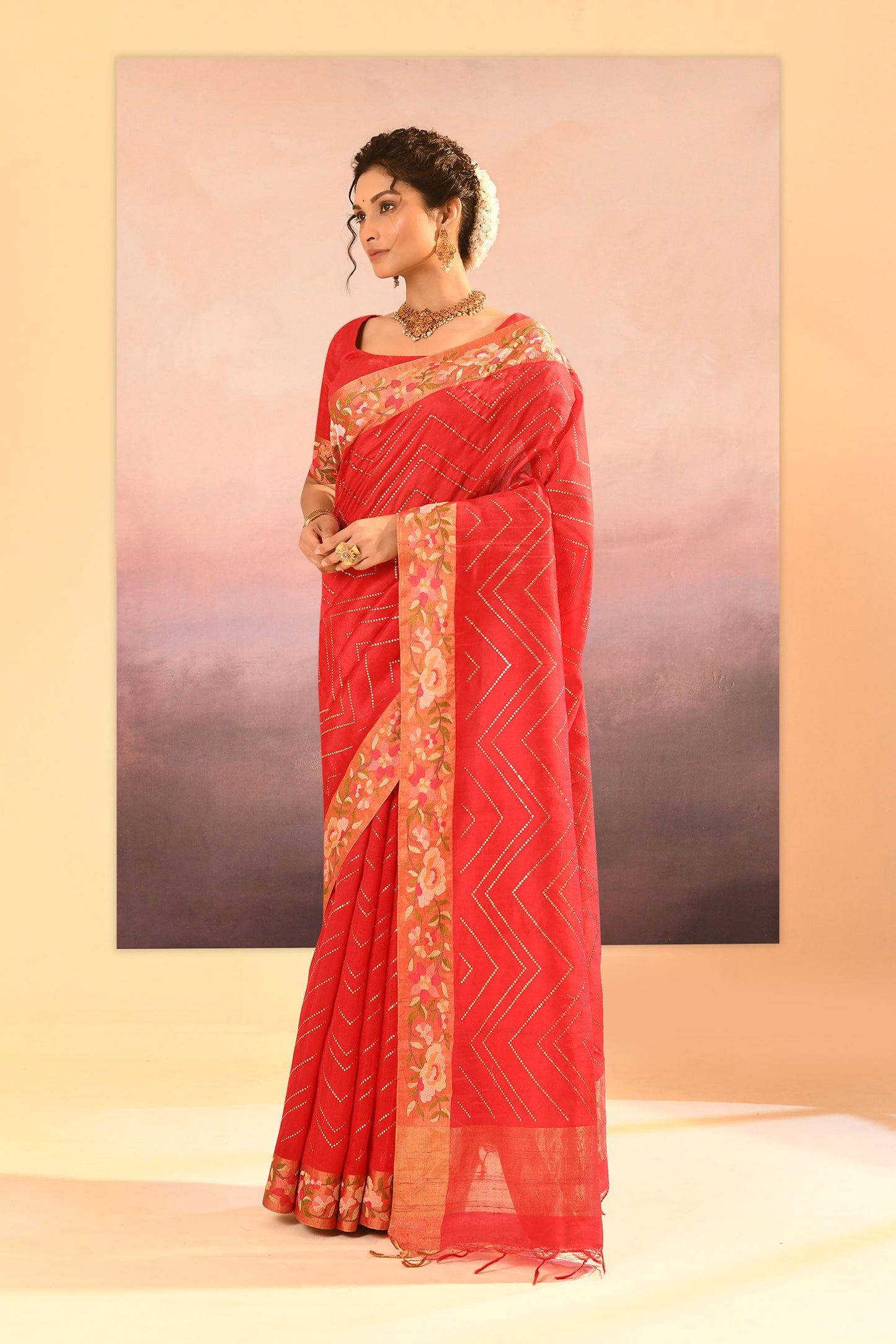Cardinal Red Dupion Silk Foil Printed Saree