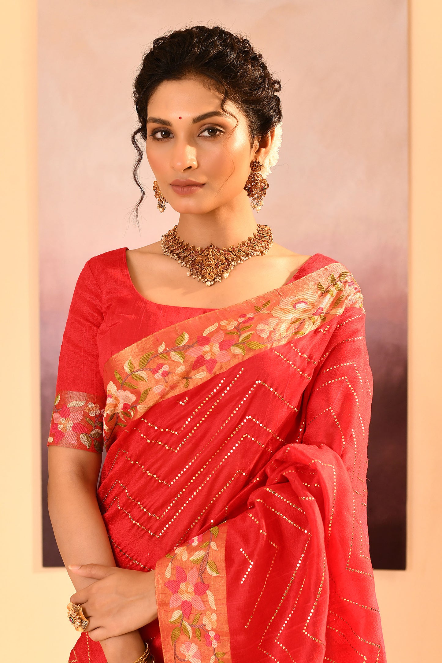 Cardinal Red Dupion Silk Foil Printed Saree