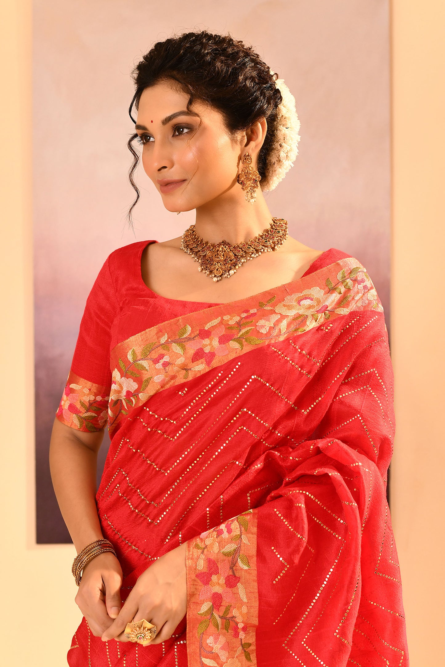 Cardinal Red Dupion Silk Foil Printed Saree