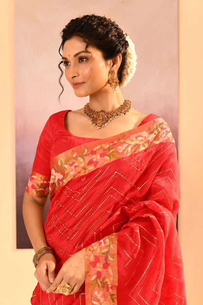 Cardinal Red Dupion Silk Foil Printed Saree