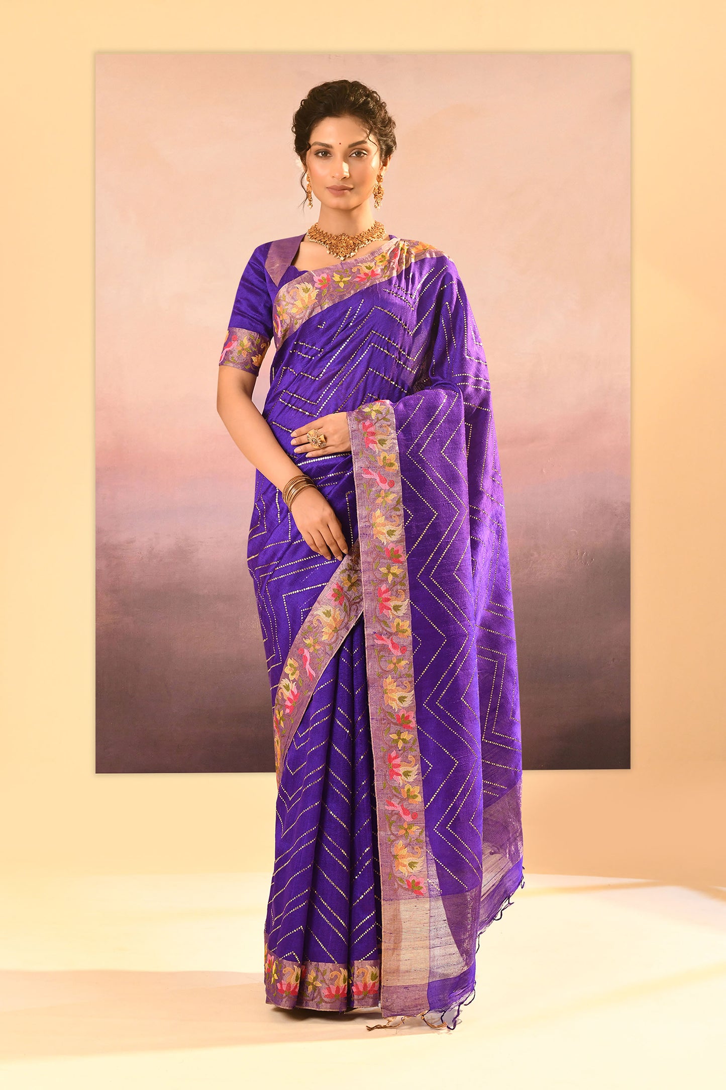 Rich Violet Foil Printed Raw Silk Saree