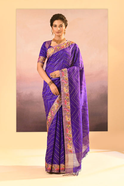 Rich Violet Foil Printed Raw Silk Saree