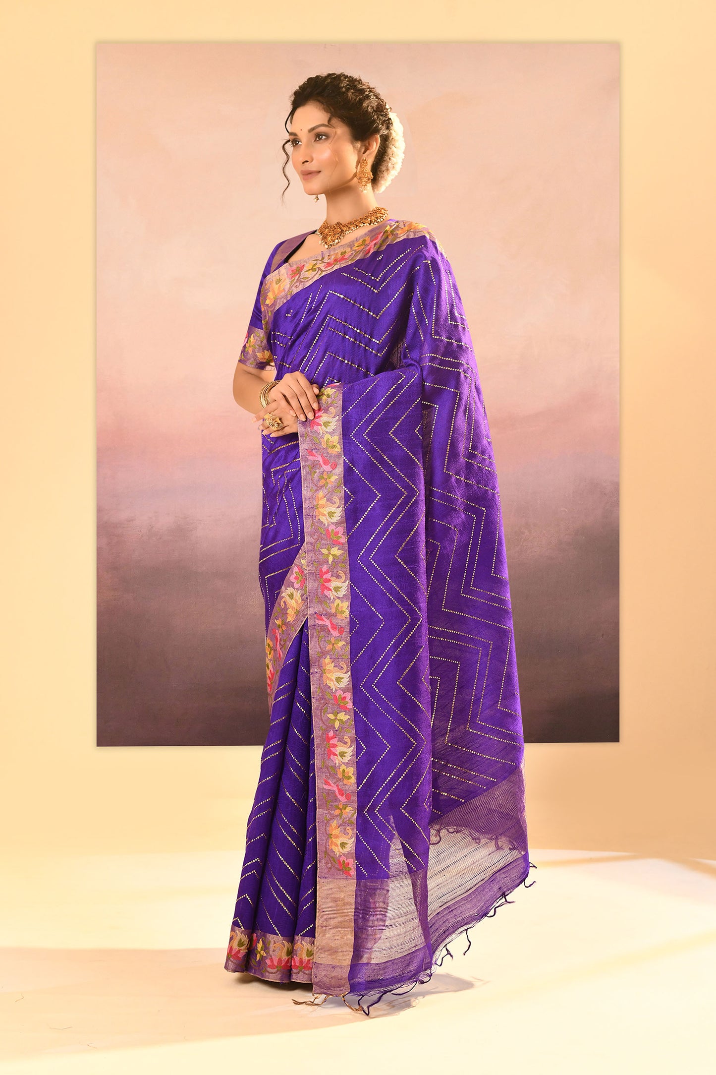 Rich Violet Foil Printed Raw Silk Saree