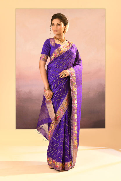 Rich Violet Foil Printed Raw Silk Saree