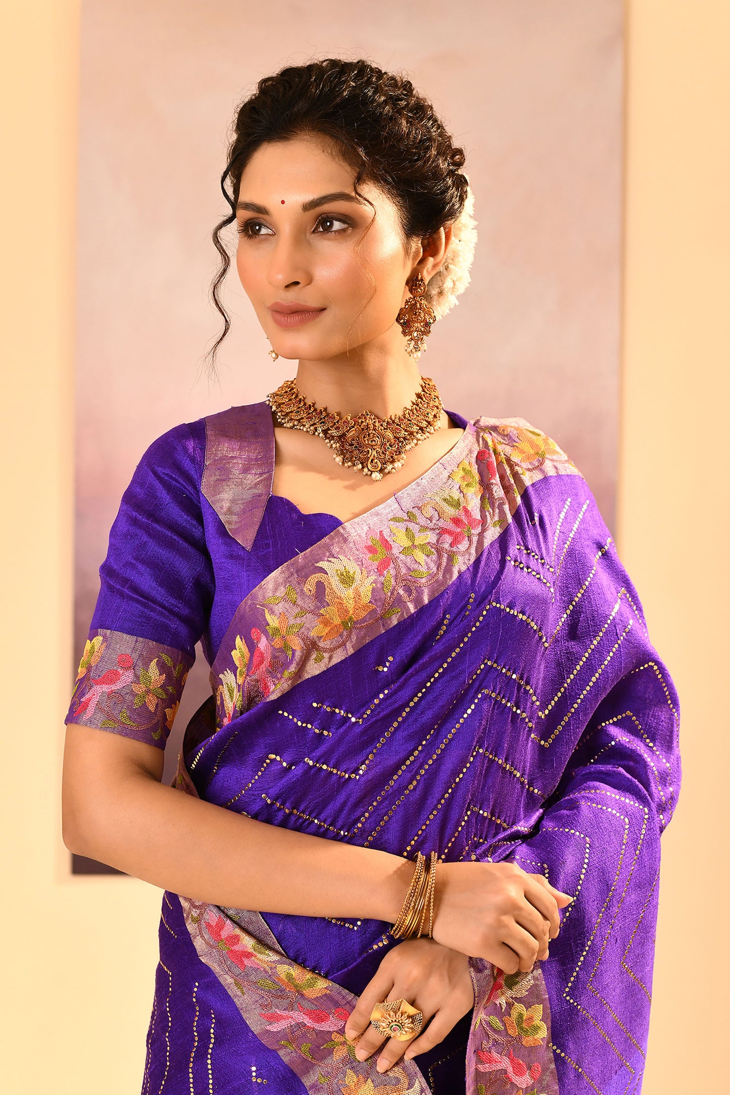 Rich Violet Foil Printed Raw Silk Saree