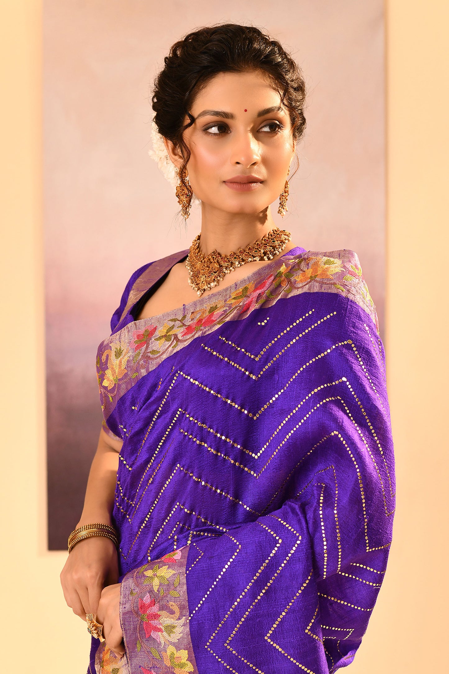 Rich Violet Foil Printed Raw Silk Saree