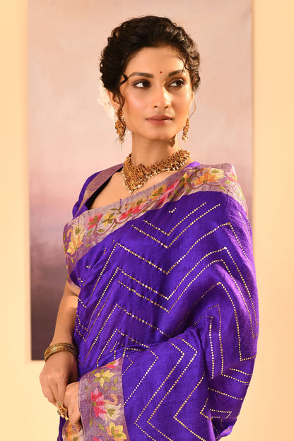 Rich Violet Foil Printed Raw Silk Saree
