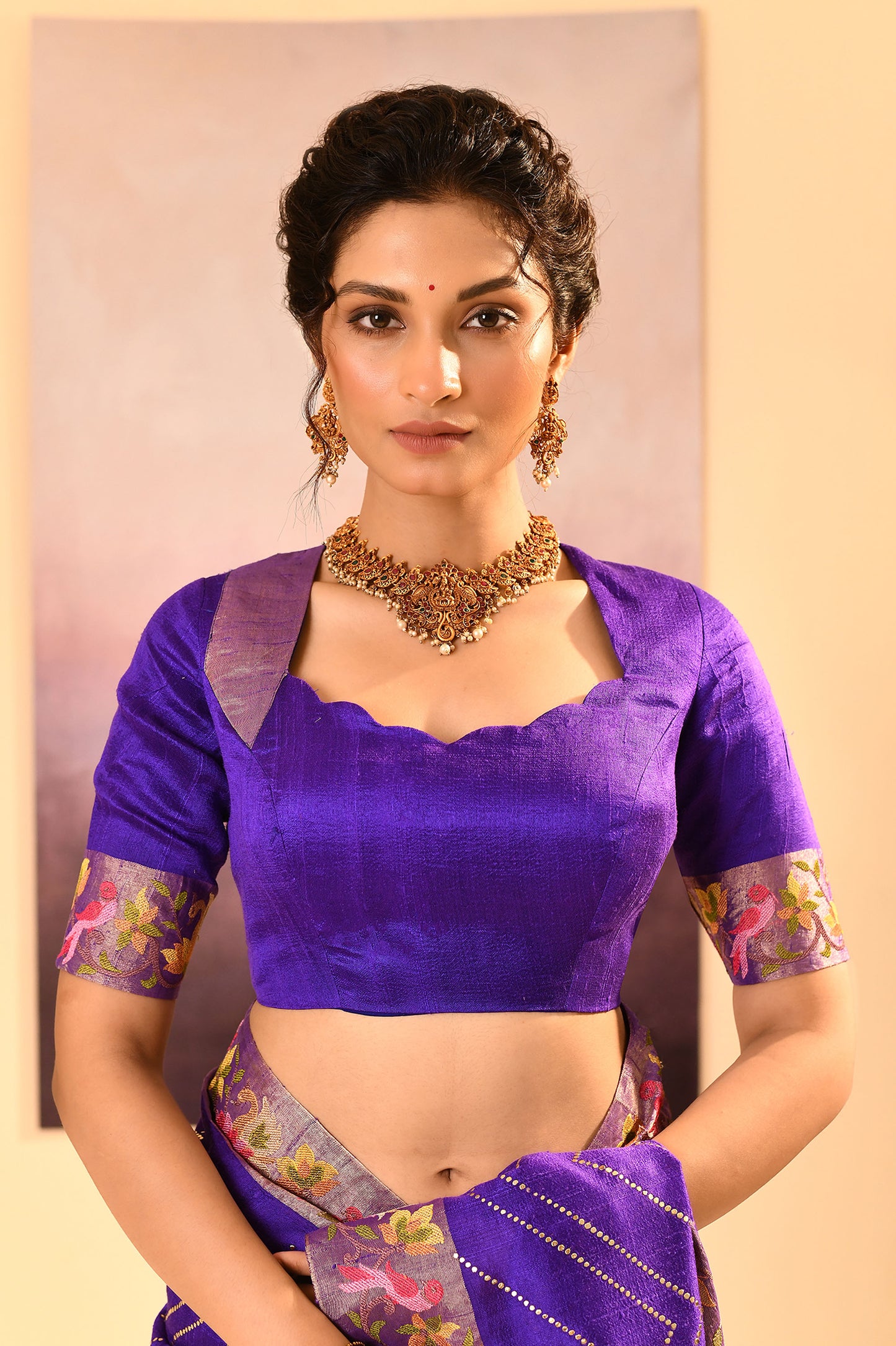 Rich Violet Foil Printed Raw Silk Saree
