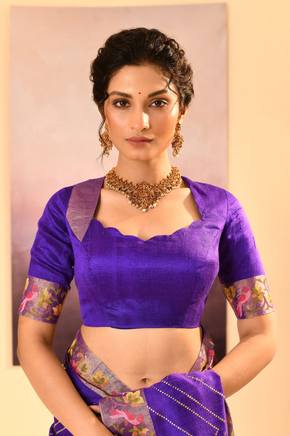 Rich Violet Foil Printed Raw Silk Saree