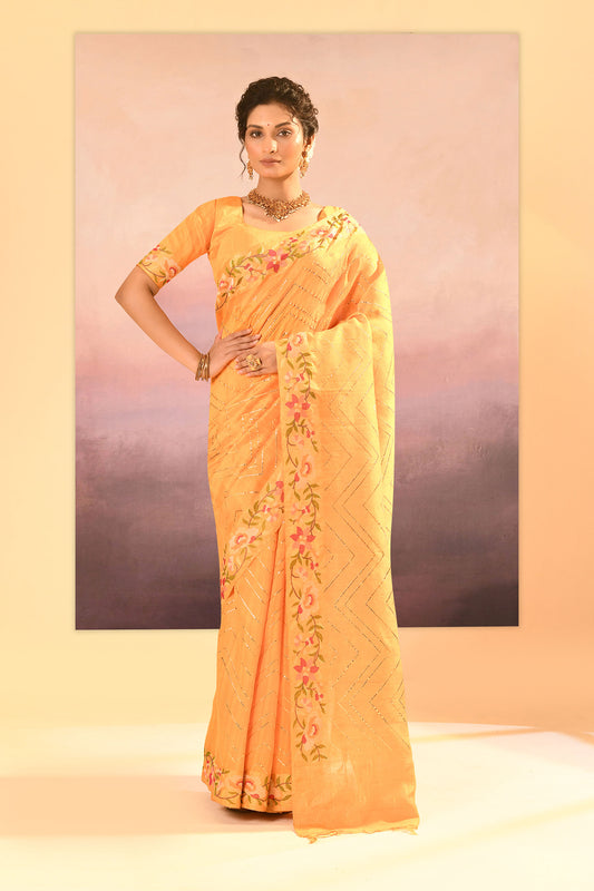 Bright Yellow Dupion Silk Foil Printed Saree