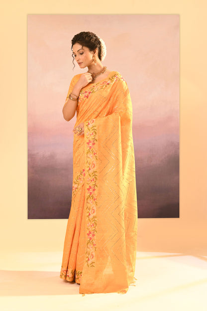 Bright Yellow Dupion Silk Foil Printed Saree