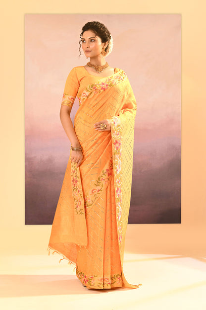 Bright Yellow Dupion Silk Foil Printed Saree
