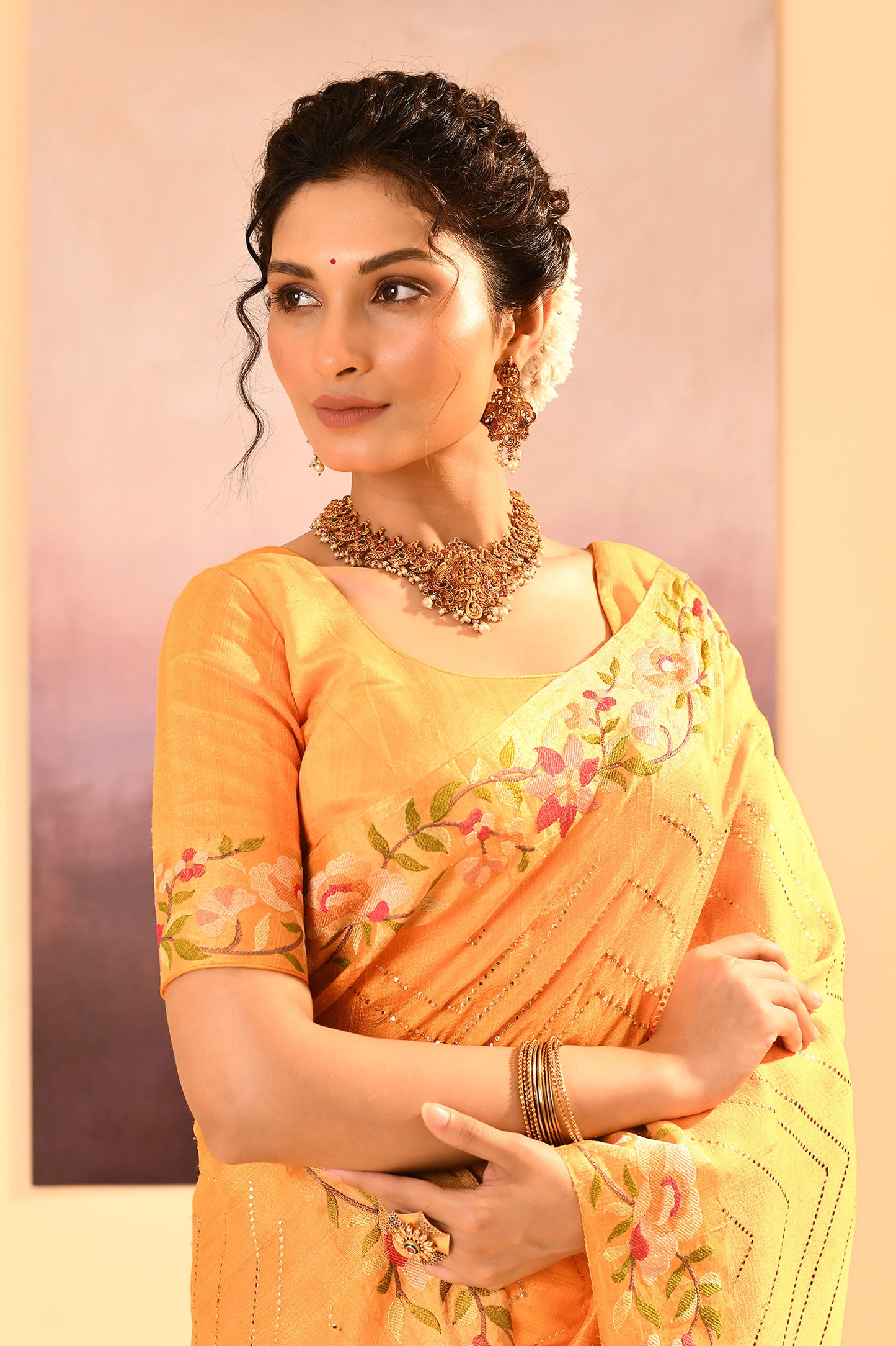 Bright Yellow Dupion Silk Foil Printed Saree
