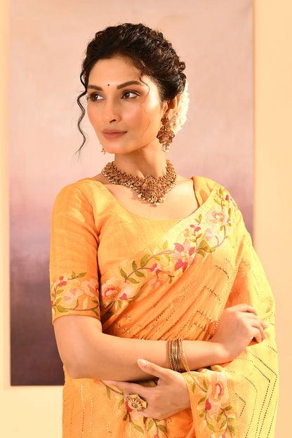 Bright Yellow Dupion Silk Foil Printed Saree