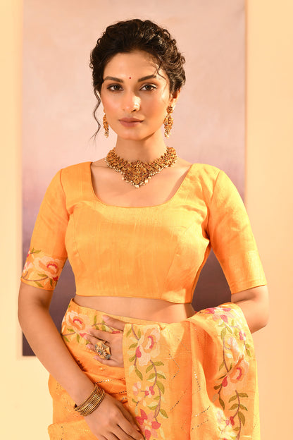 Bright Yellow Dupion Silk Foil Printed Saree