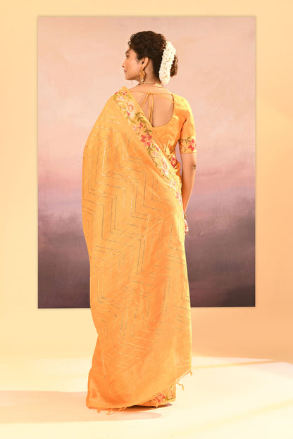 Bright Yellow Dupion Silk Foil Printed Saree