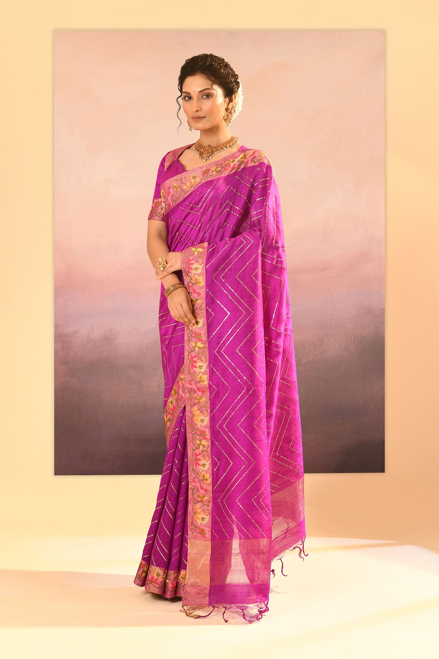 Fuchsia Purple Foil Printed Dupion Silk Saree