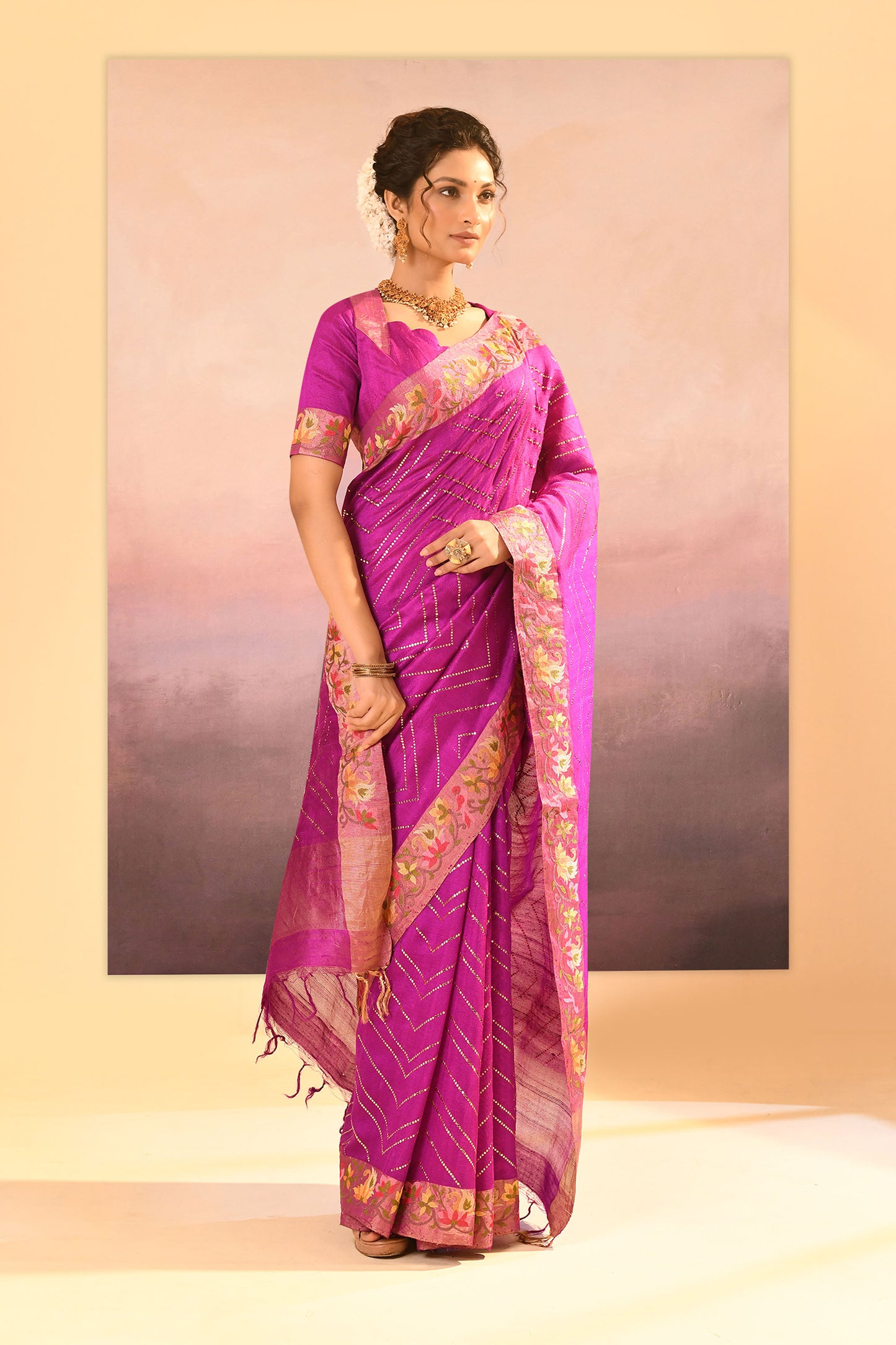 Fuchsia Purple Foil Printed Dupion Silk Saree