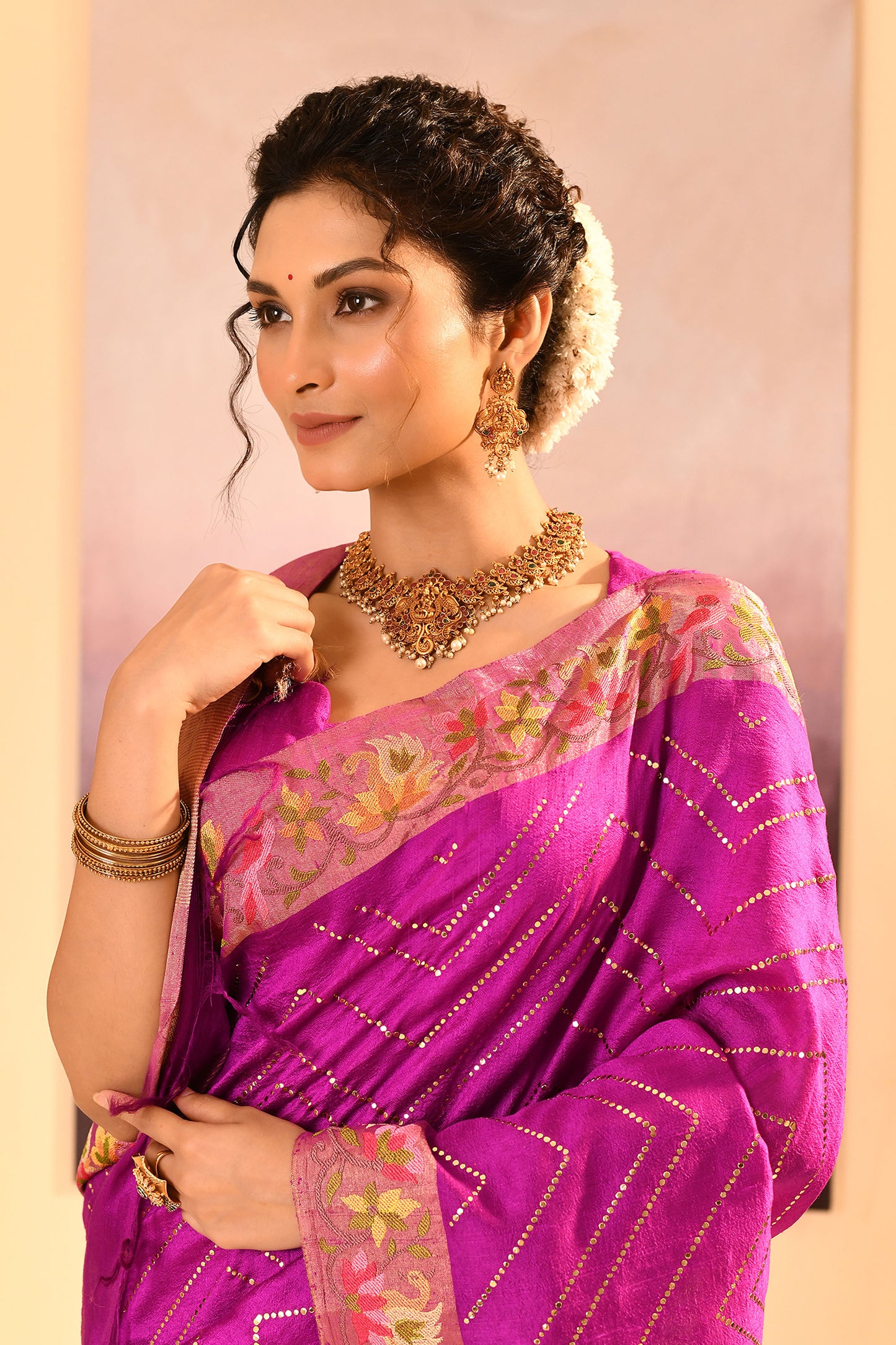 Fuchsia Purple Foil Printed Dupion Silk Saree