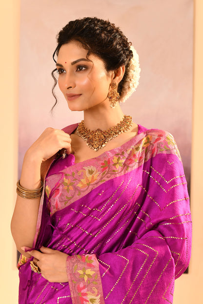 Fuchsia Purple Foil Printed Dupion Silk Saree