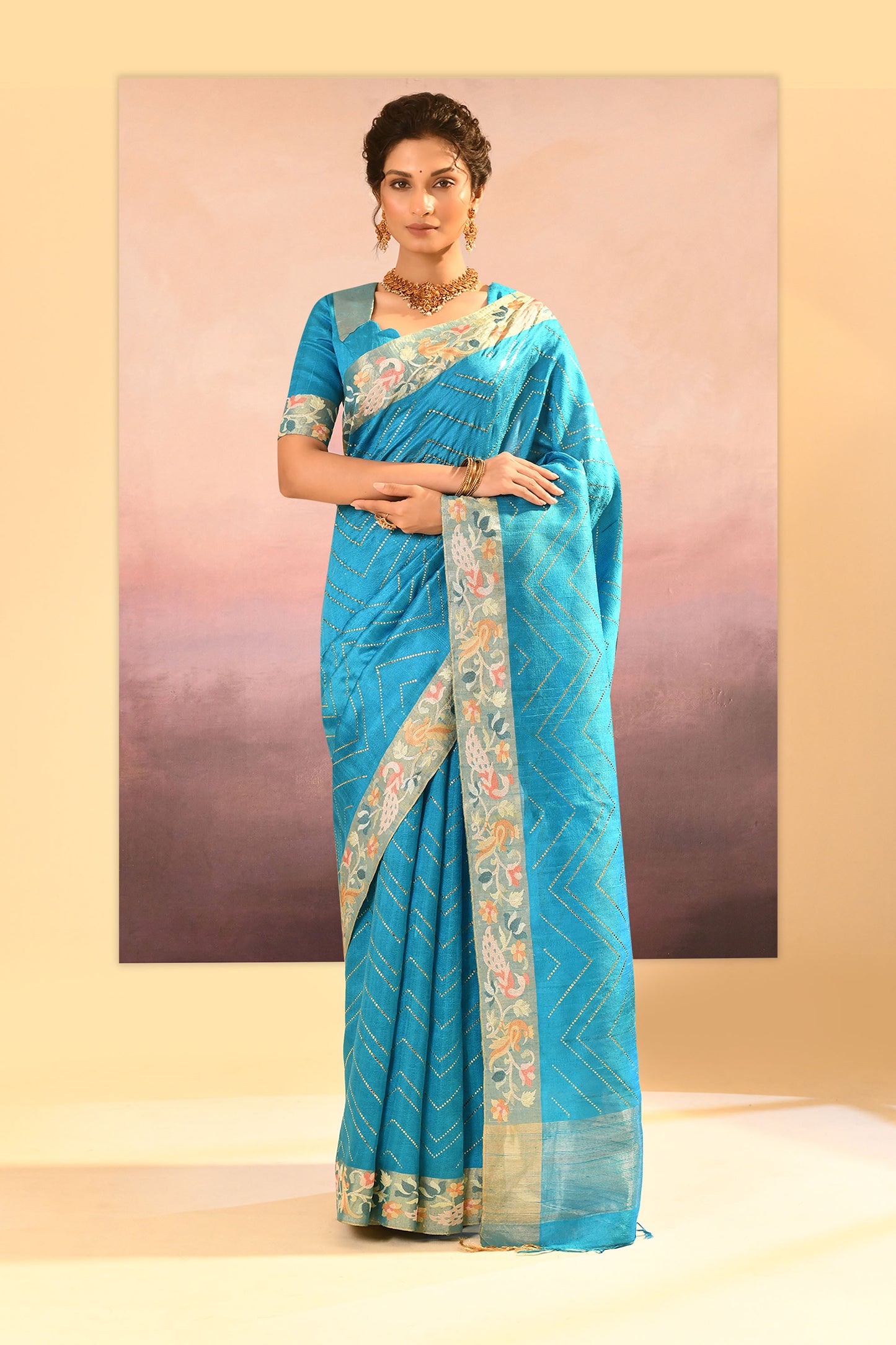 Turquoise Blue Foil Printed Raw Silk Saree