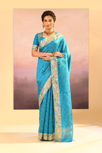 Turquoise Blue Foil Printed Raw Silk Saree
