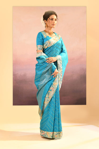 Turquoise Blue Foil Printed Raw Silk Saree