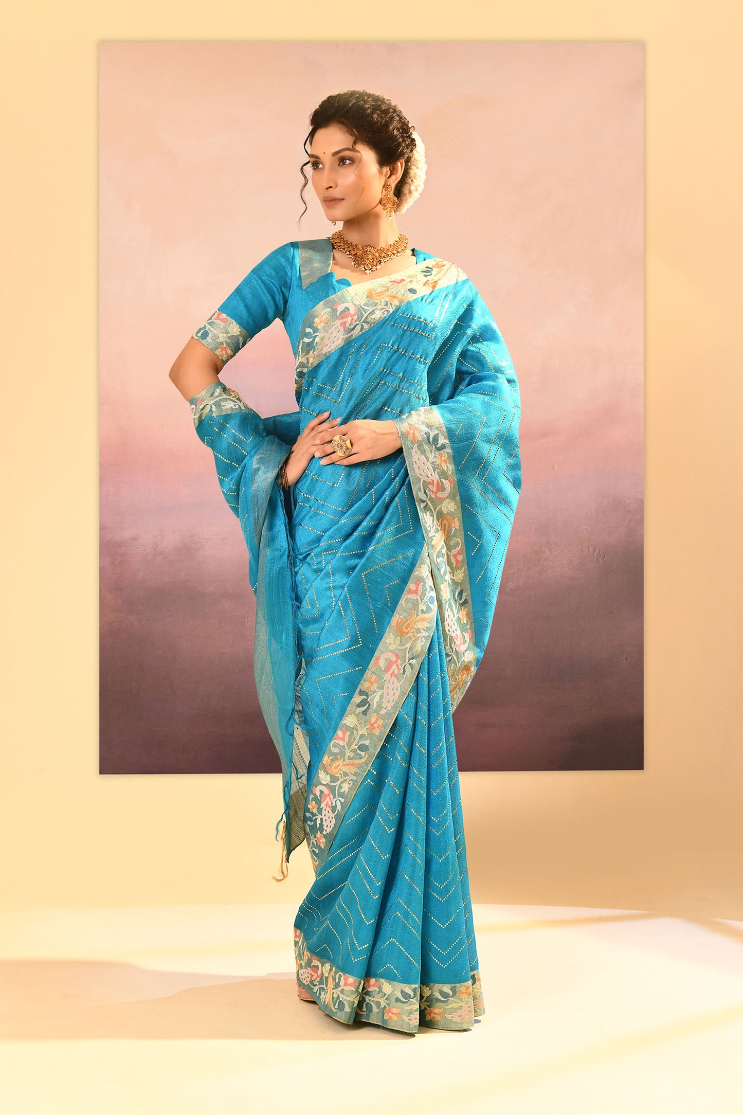 Turquoise Blue Foil Printed Raw Silk Saree