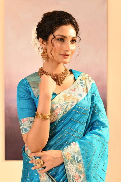 Turquoise Blue Foil Printed Raw Silk Saree