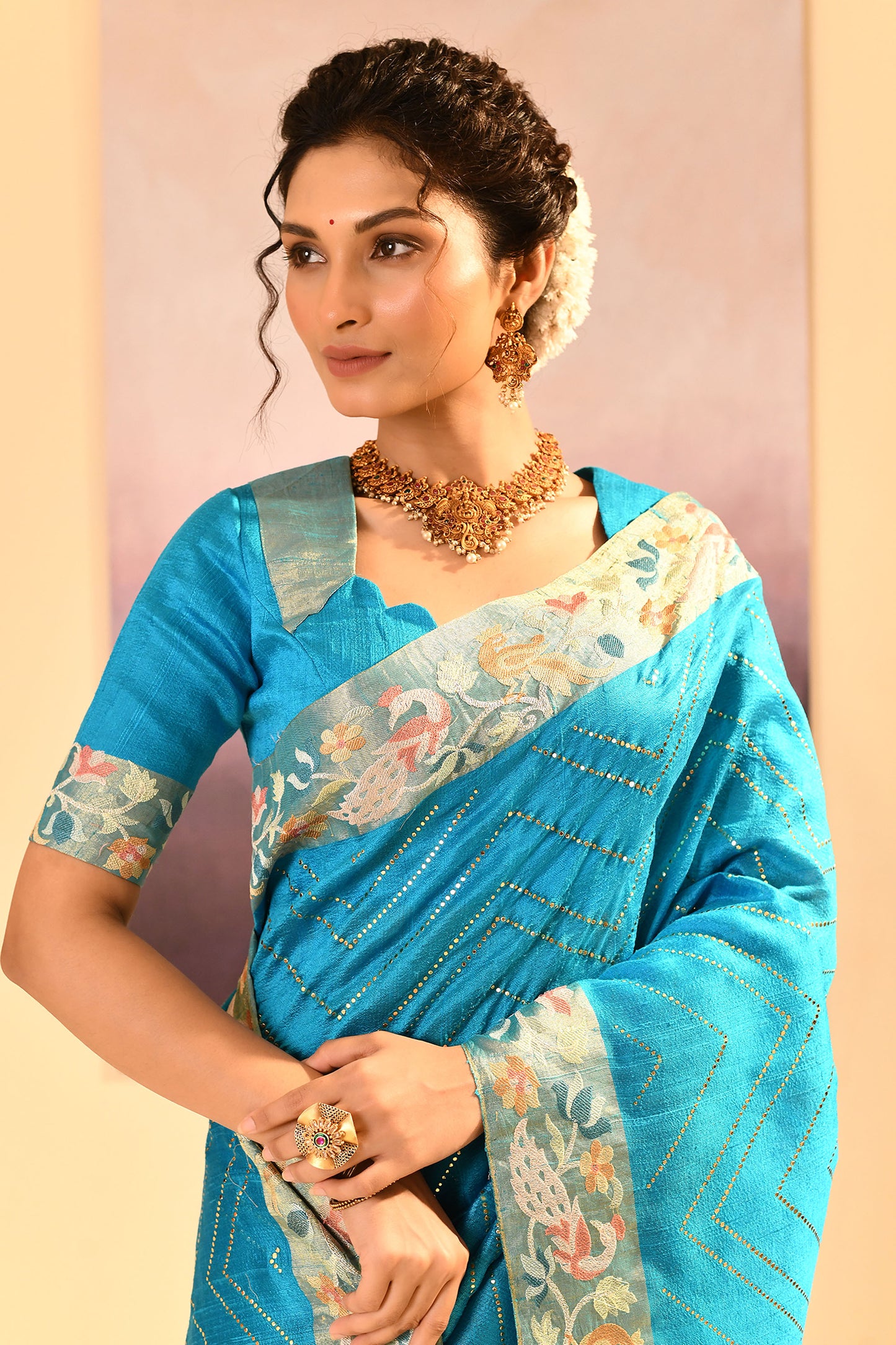 Turquoise Blue Foil Printed Raw Silk Saree