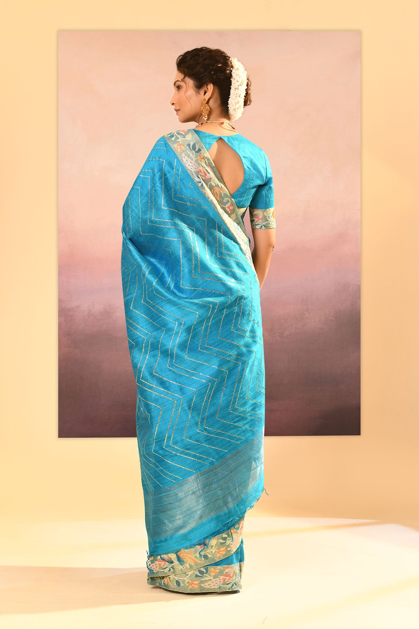 Turquoise Blue Foil Printed Raw Silk Saree