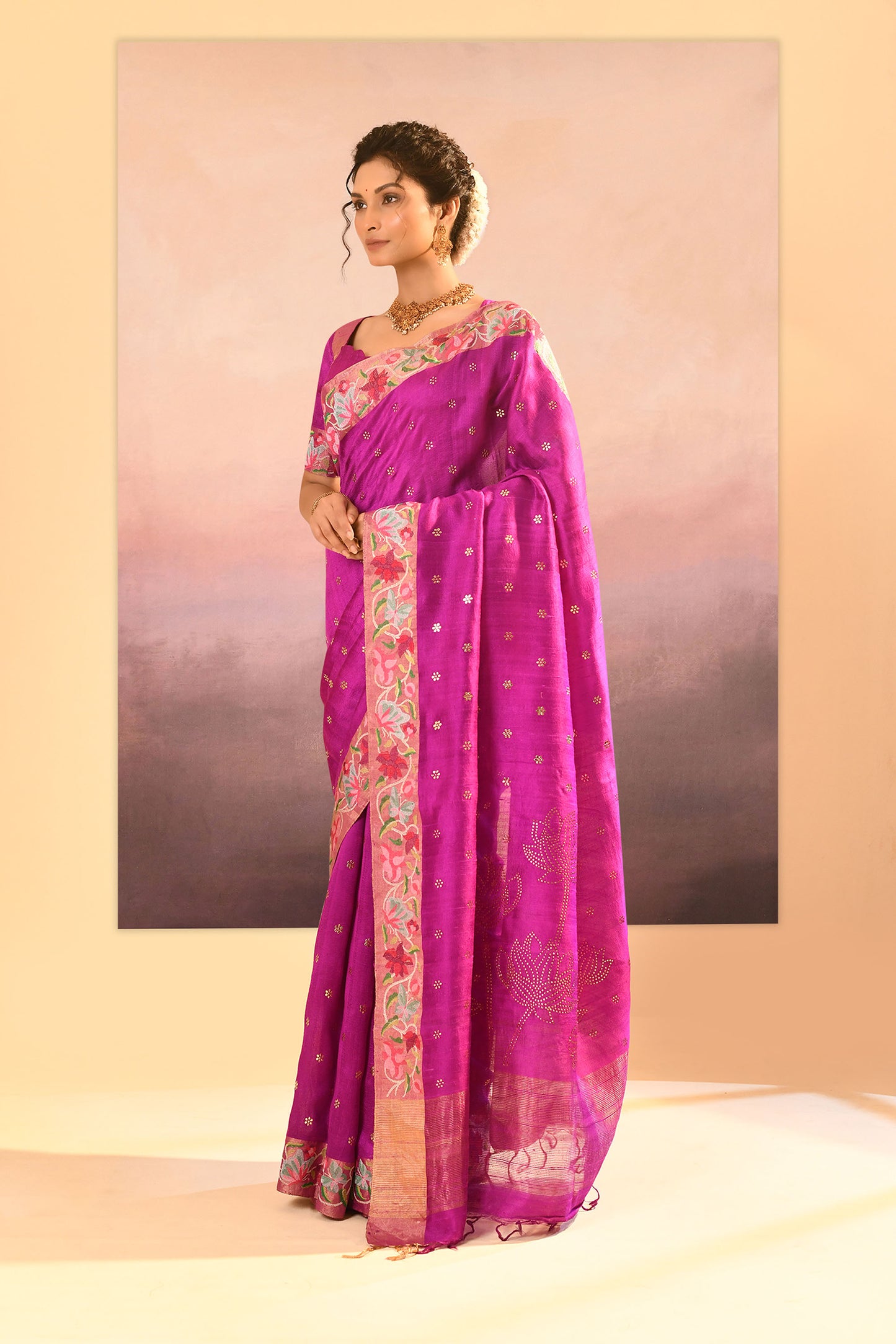 Fuchsia Purple Dupion Silk Foil Printed Saree