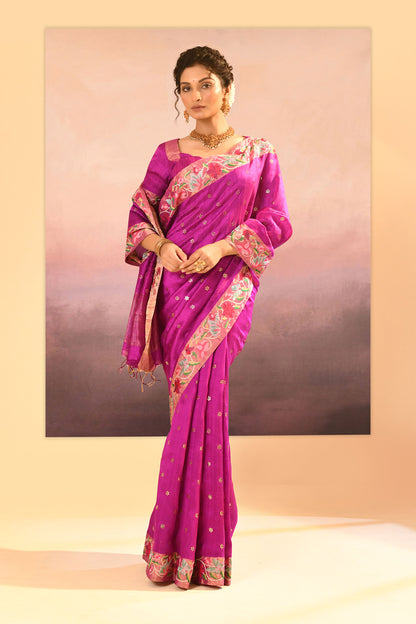 Fuchsia Purple Dupion Silk Foil Printed Saree