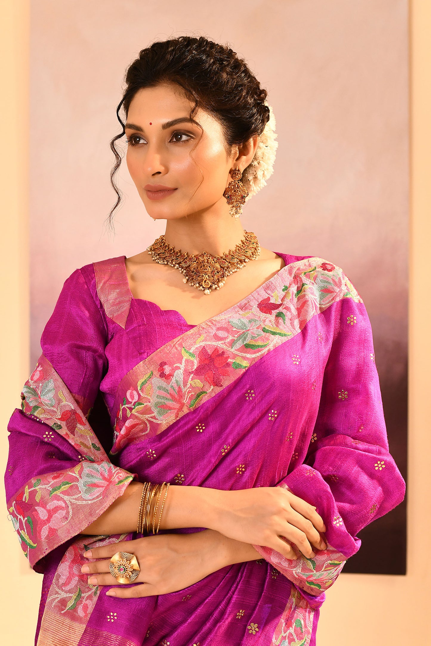 Fuchsia Purple Dupion Silk Foil Printed Saree