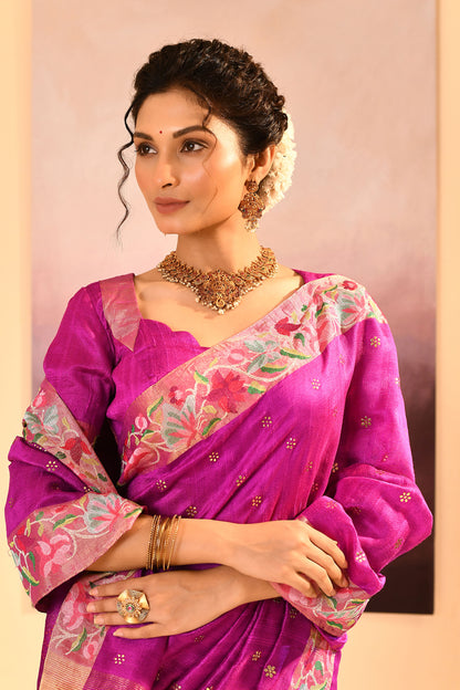 Fuchsia Purple Dupion Silk Foil Printed Saree