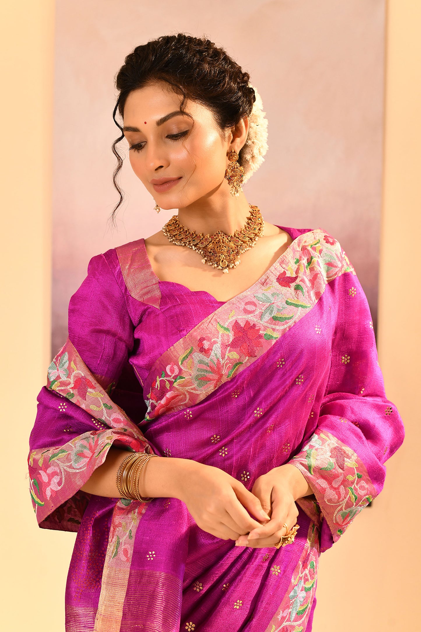 Fuchsia Purple Dupion Silk Foil Printed Saree