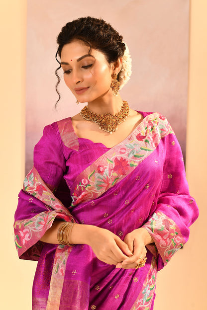Fuchsia Purple Dupion Silk Foil Printed Saree