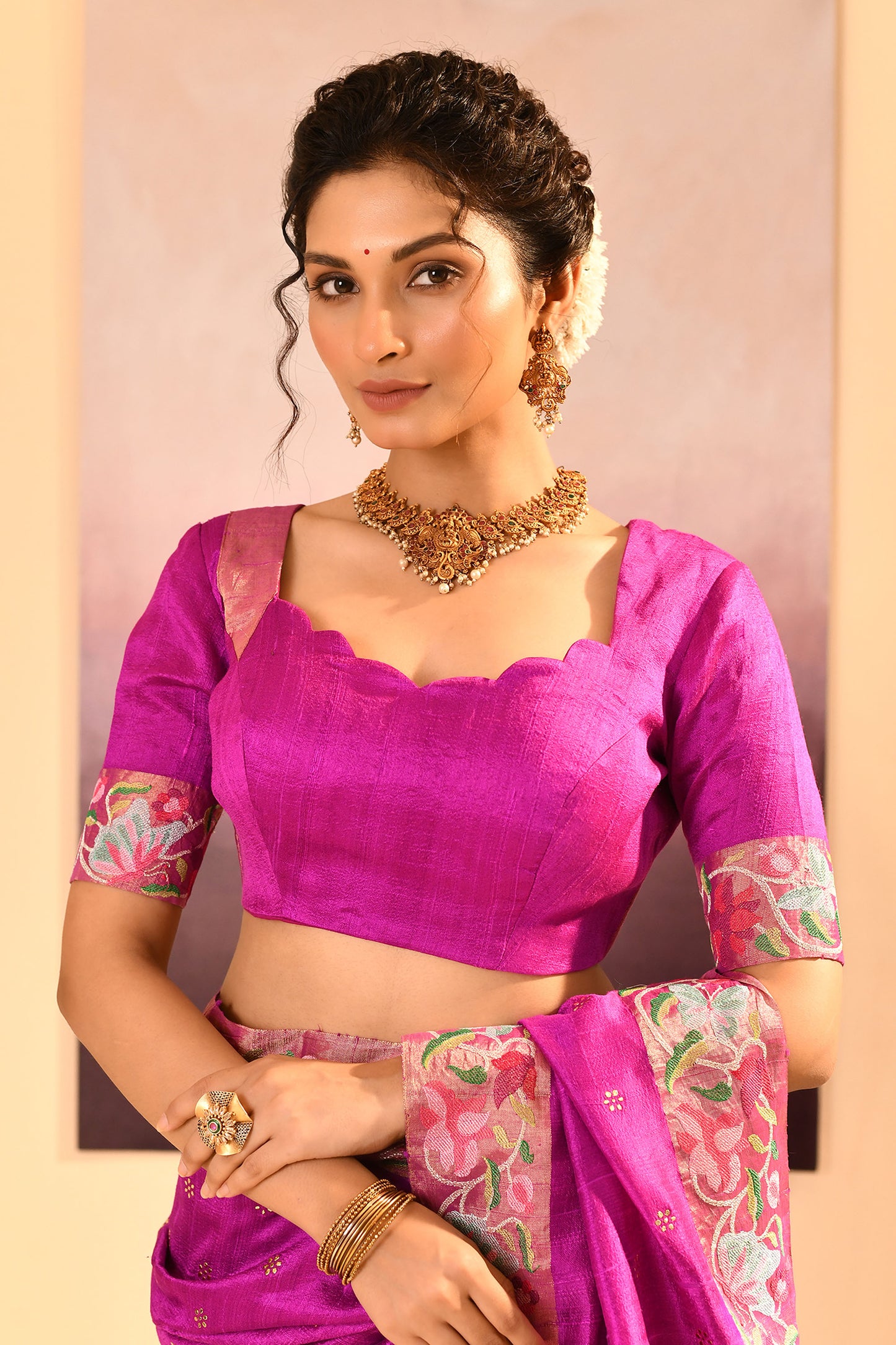 Fuchsia Purple Dupion Silk Foil Printed Saree