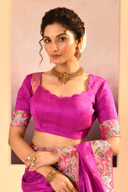 Fuchsia Purple Dupion Silk Foil Printed Saree
