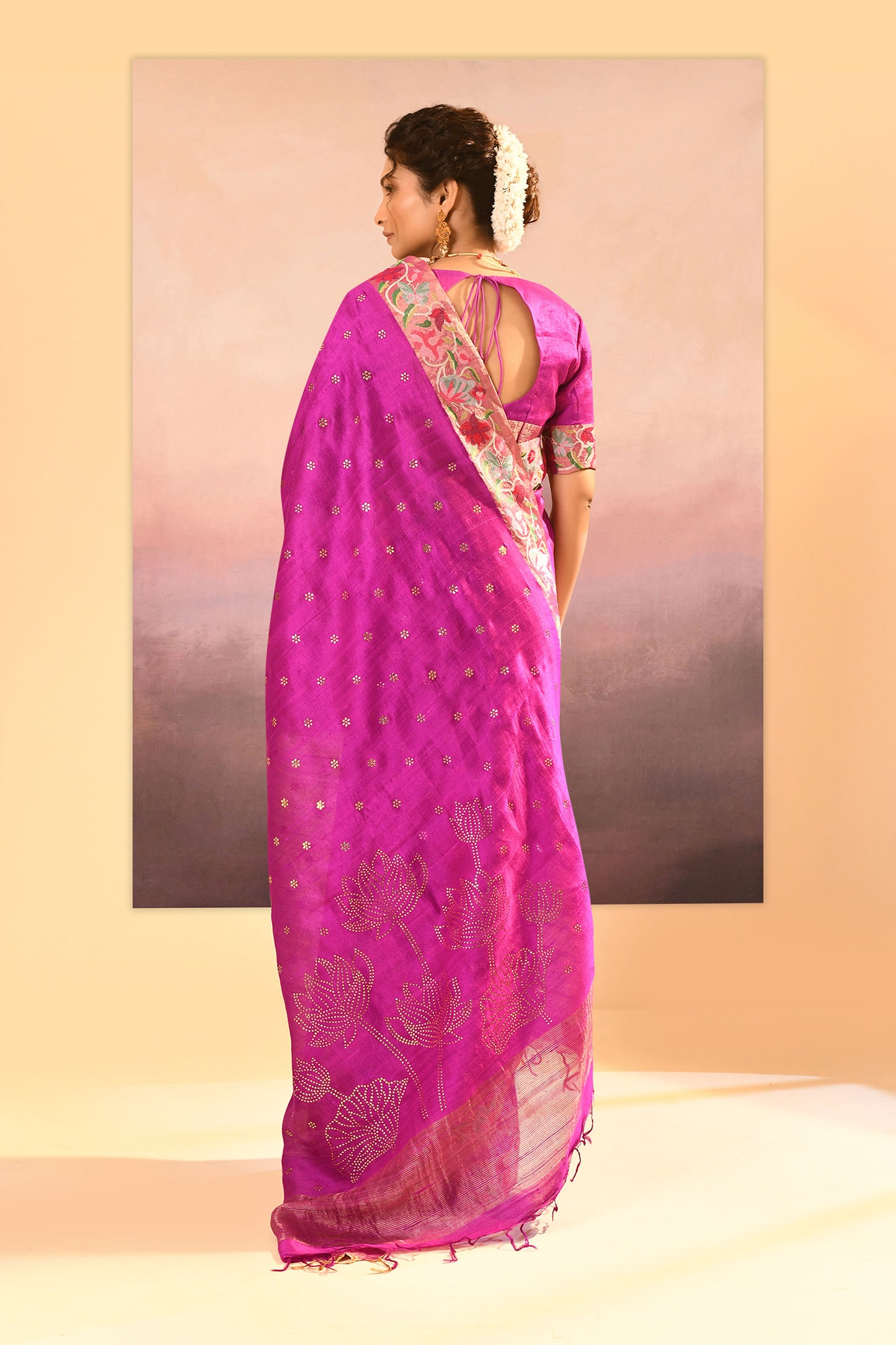 Fuchsia Purple Dupion Silk Foil Printed Saree