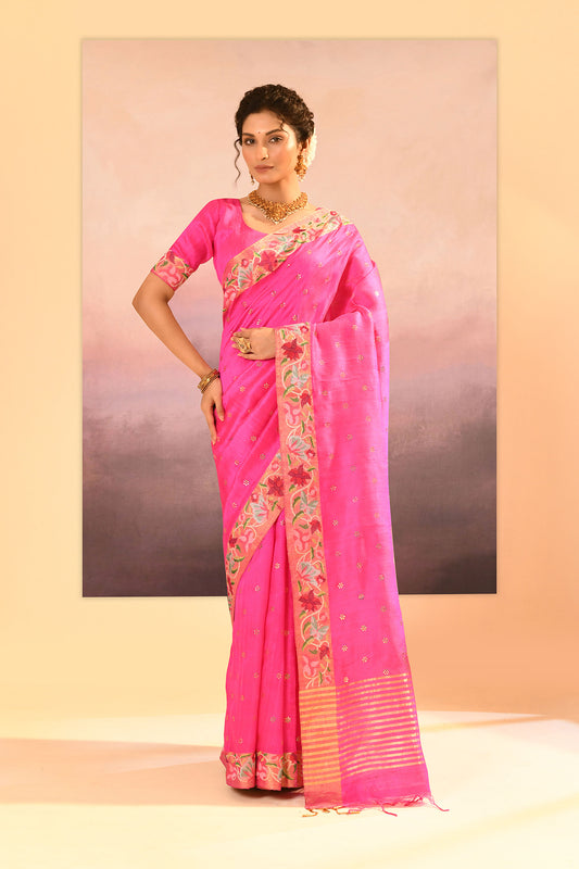 Bright Pink Dupion Silk Foil Printed Saree