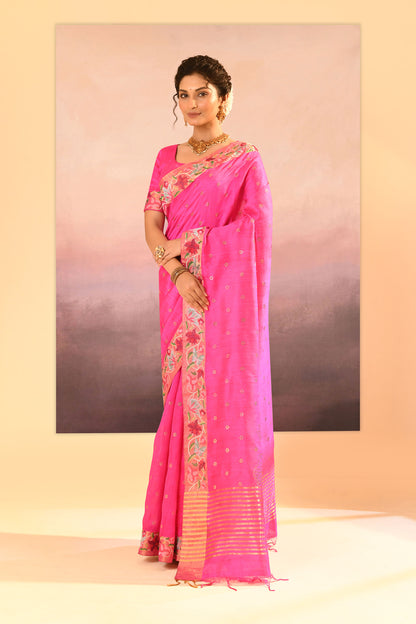 Bright Pink Dupion Silk Foil Printed Saree