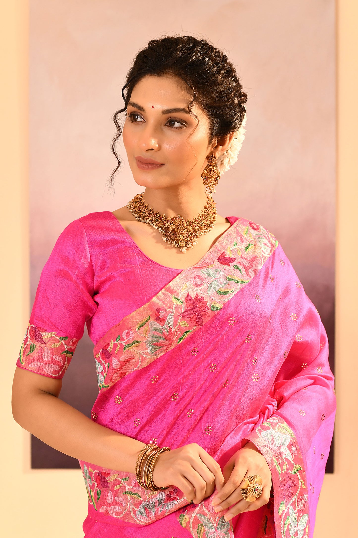 Bright Pink Dupion Silk Foil Printed Saree