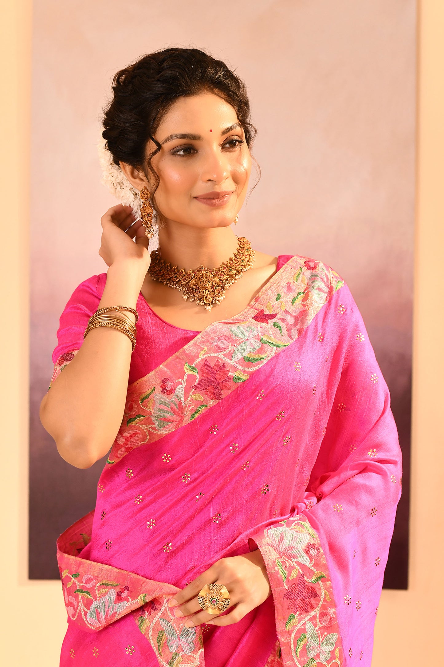 Bright Pink Dupion Silk Foil Printed Saree